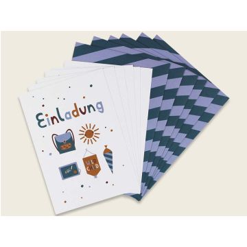 Ava & Yves 6 Einladungskarten EINSCHULUNG Adventure blau