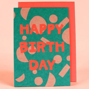 Ava & Yves Geburtstags GRUßKARTE "Happy Birthday" Geo-Muster Neon Grün/Pink