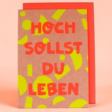 Ava & Yves Geburtstags GRUßKARTE "Hoch Sollst Du Leben" Geo-Muster Neon Pink/Gelb
