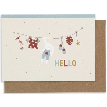 Ava & Yves Greeting Card for Birth Clothes Line Rabbit HELLO blue