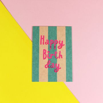 Ava & Yves GEBURTSTAGS POSTKARTE "Happy Birthday" Streifen Pink