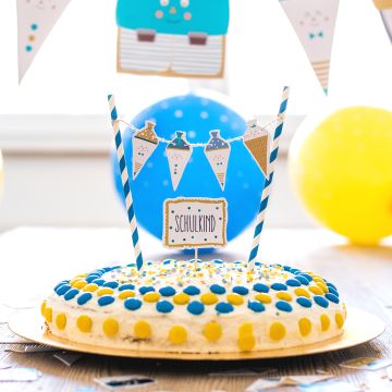 Ava & Yves Kuchendeko SCHULKIND mit Schultüten weiß/blau/senf