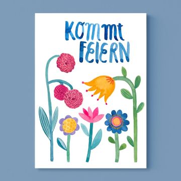 Frau Ottilie Postcard INVITATION "Kommt Feiern" Flowers