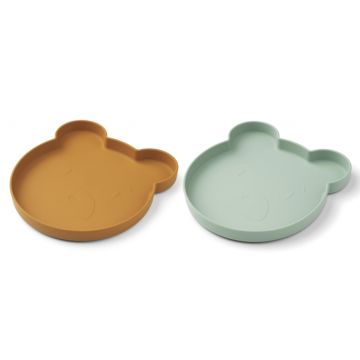 LIEWOOD 2 Silikon Kinderteller Set MARTY mustard/peppermint Mix