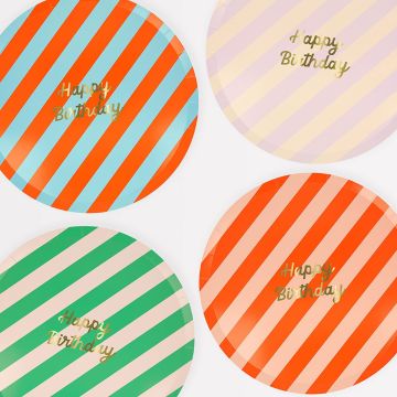 Meri Meri 8 Large Paper Plates STRIPES Happy Birthday