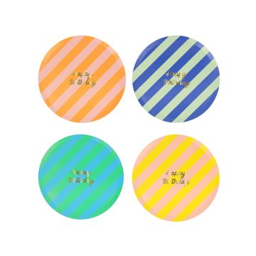 Meri Meri 8 Small Paper Plates STRIPES Happy Birthday