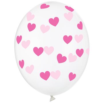 PartyDeco 50 BALLONS Herzen Crystal Clear Weiß/Fuchsia (30cm)