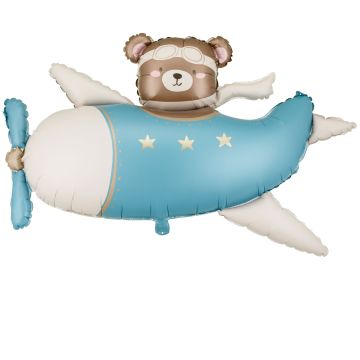 PartyDeco FOIL BALLOON Bear in Airplane Light Blue (94x61cm)