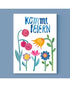Frau Ottilie Postcard INVITATION "Kommt Feiern" Flowers