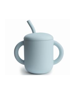 Mushie Silikon TRINKBECHER mit STROHHALM powder blue